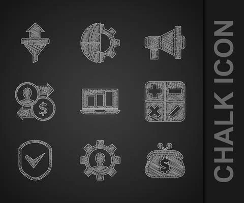 Set Laptop with graph chart, Human gear inside, Wallet dollar, Calculator Illustrazione stock