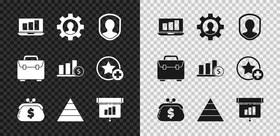 Set Laptop with graph chart, Human gear inside, User protection, Wallet dollar Stock Illustration
