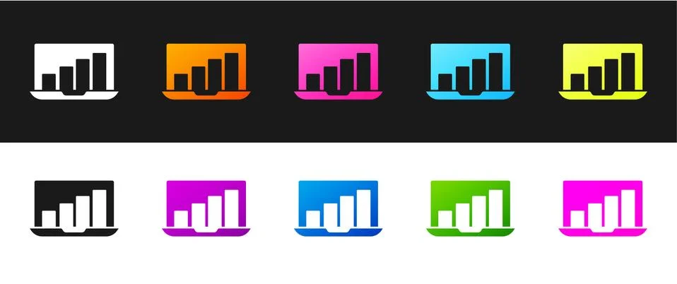 Set Laptop with graph chart icon isolated on black and white background. Report Stockillustratie