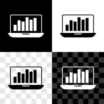 Set Laptop with graph chart icon isolated on black and white, transparent Illustrazione stock