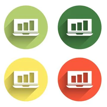 Set Laptop with graph chart icon isolated with long shadow background. Repo.. Stock Illustration