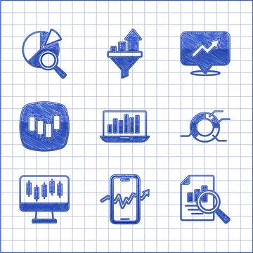 Set Laptop with graph chart, Mobile stock trading, Document, Pie infographic Stock Illustration