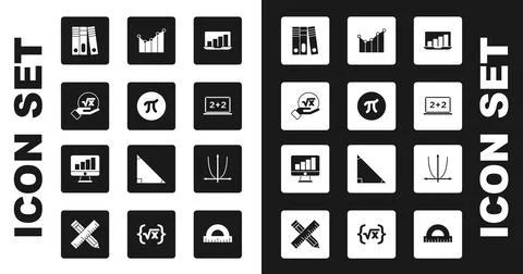 Set Laptop with graph chart, Pi symbol, Square root of x glyph, Office folders Illustrazione stock