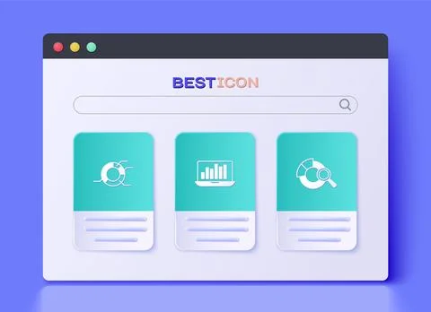 Set Laptop with graph chart, Pie infographic and Search data analysis icon... Illustrazione stock