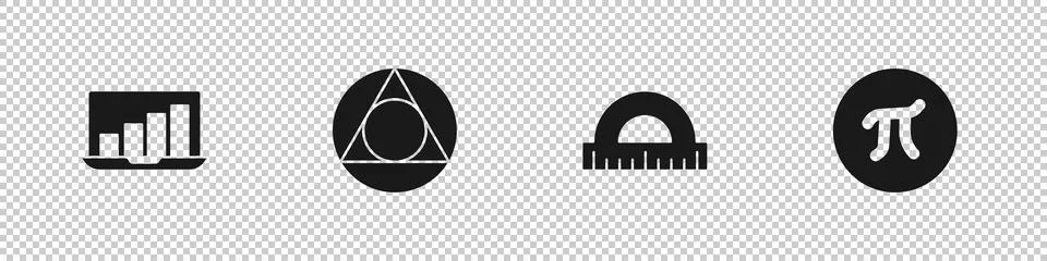 Set Laptop with graph chart, Triangle math, Protractor and Pi symbol icon Stock Illustration
