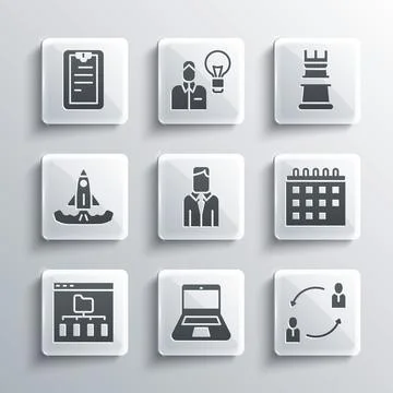Set Laptop, Human resources, Calendar, Worker, Browser files, Rocket, Clipboard Stock Illustration