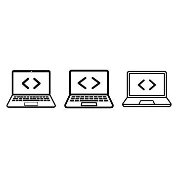 Set of laptop icons with coding brackets on screen Stock Illustration