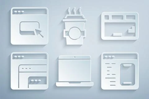 Set Laptop, Keyboard, Software, Coffee cup go and Browser files icon. Vector Stock Illustration