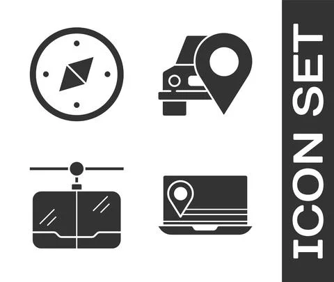 Set Laptop with location marker, Compass, Cable car and Map pointer with taxi Stock Illustration