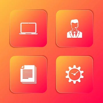 Set Laptop, Man with headset, Document and Time Management icon. Vector Stock Illustration