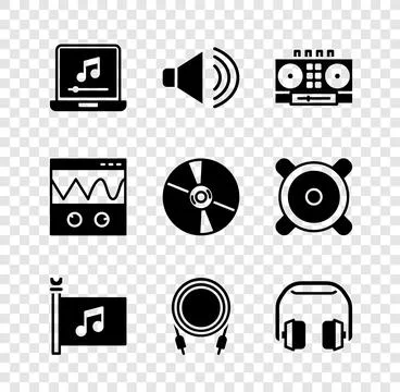 Set Laptop with music note, Speaker volume, DJ remote and mixing, Music fes.. Stock Illustration