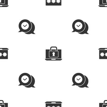 Set Laptop with password, and lock and Check mark in speech bubble on seamless Stock Illustration