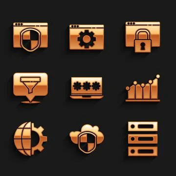 Set Laptop with password, Cloud and shield, Server, Data, Web Hosting, Pie .. Ilustração Stock