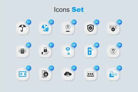 Set Laptop with password, Lock, Shield world globe, Safe, Cyber security, U.. Stock Illustration