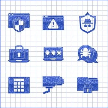 Set Laptop with password, Security camera, Folder and lock, System bug, Password Stock Illustration