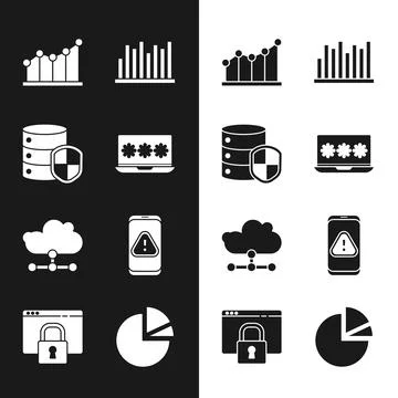Set Laptop with password, Server shield, Pie chart infographic, Network cloud Stock Illustration