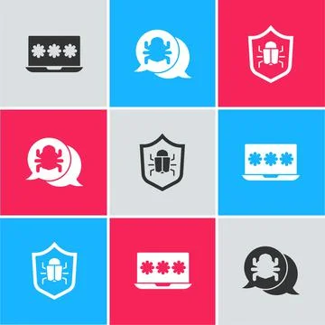 Set Laptop with password, System bug and icon. Vector Stock-Illustration