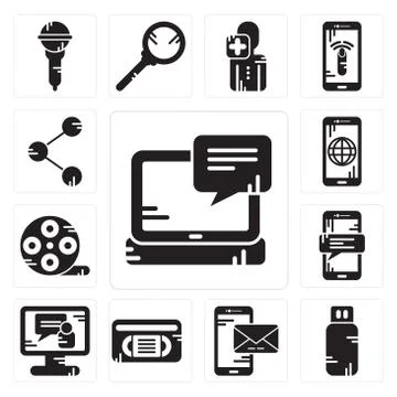 Set of Laptop, Pendrive, Smartphone, Vhs, Video call, Film reel, Share icons Illustrazione stock gratuita
