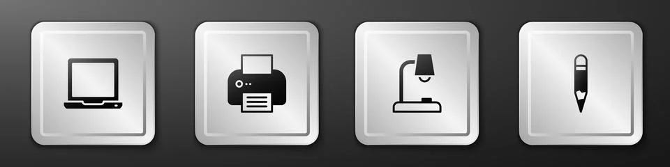 Set Laptop, Printer, Table lamp and Pencil icon. Silver square button. Vector Illustrazione stock