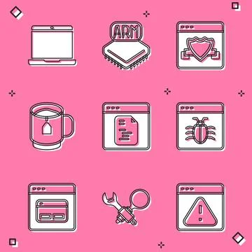 Set Laptop, Processor, Browser with shield, Cup of tea tea bag, Software, System Illustrazione stock