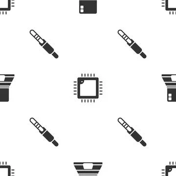 Set Laptop, Processor with CPU and Audio jack on seamless pattern. Vector Illustrazione stock