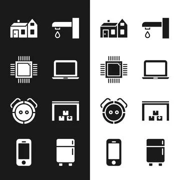 Set Laptop, Processor with microcircuits CPU, House, Water tap, Robot vacuum Ilustración de archivo
