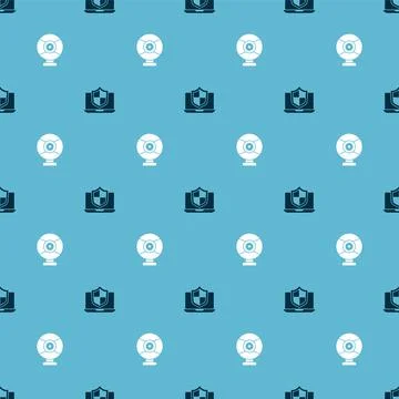 Set Laptop protected with shield and Security camera on seamless pattern. Vector Illustrazione stock