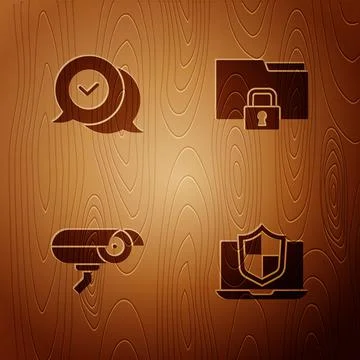 Set Laptop protected with shield, Check mark in speech bubble, Security camera 스톡 일러스트