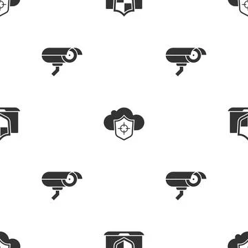 Set Laptop protected with shield, Cloud and and Security camera on seamless 스톡 일러스트