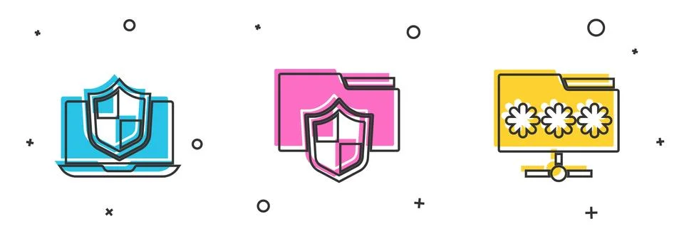 Set Laptop protected with shield, Document folder protection and Folder password Stock Illustration