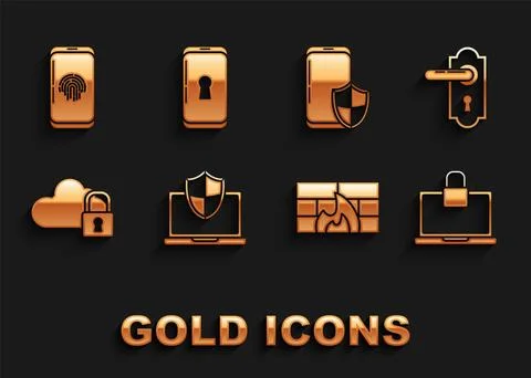 Set Laptop protected with shield Door handle lock Firewall security wall Clou Illustration
