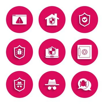 Set Laptop protected with shield, Incognito mode, System bug, Safe, Shield check Stock Illustration