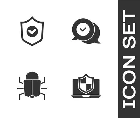 Set Laptop protected with shield, Shield check mark, System bug and Check in 스톡 일러스트