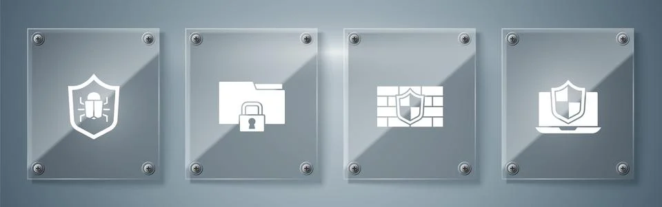 Set Laptop protected with shield, Shield brick wall, Folder and lock and System Illustrazione stock