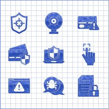 Set Laptop protected with shield, System bug, Document and lock, Fingerprint 스톡 일러스트