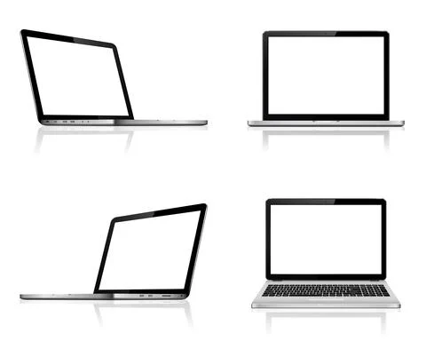Set of laptop with reflection. Perspective and front view. 스톡 일러스트