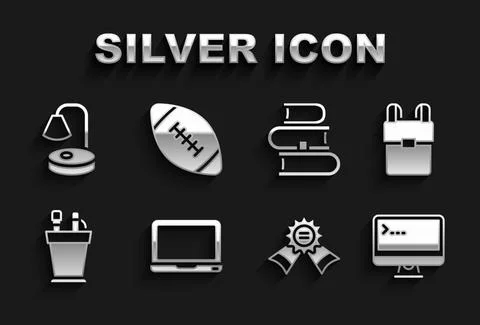Set Laptop, School backpack, Computer monitor, Medal, Pencil case stationery Stock Illustration