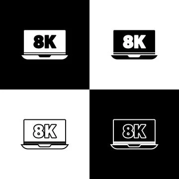 Set Laptop screen with 8k video technology icon isolated on black and white b Stock Illustration