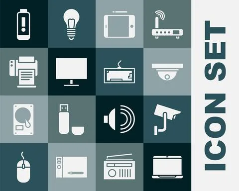 Set Laptop, Security camera, Motion sensor, Graphic tablet, Computer monitor Stock Illustration