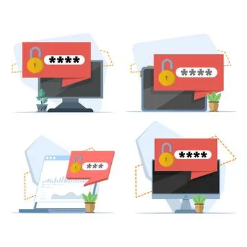 Set of laptop security concepts with password notifications, lock symbols. 스톡 일러스트