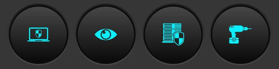 Set Laptop with shield, Eye, Server and Drill machine icon. Vector 스톡 일러스트