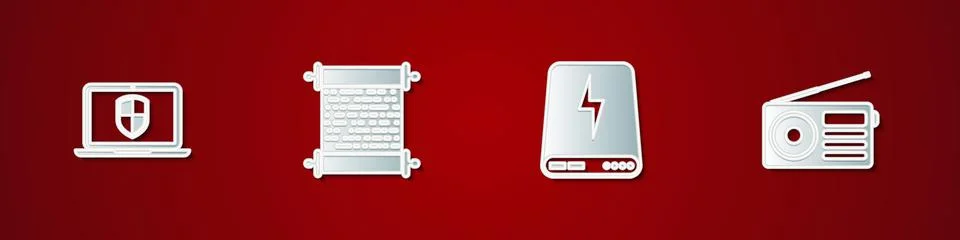 Set Laptop with shield, Paper scroll, Power bank and Radio icon. Vector Illustrazione stock