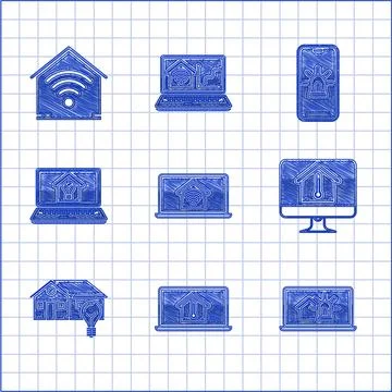 Set Laptop with smart home with wi-fi, house temperature, and alarm, Comput.. Stock Illustration