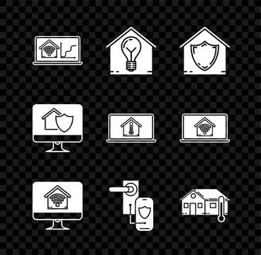 Set Laptop with smart home with wi-fi, Smart house and light bulb, House un.. Stock Illustration