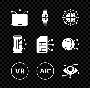 Set Laptop, Smartwatch, Global technology or social network, Virtual reality, Ar Stock Illustration