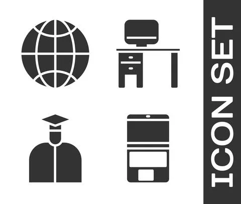 Set Laptop, Social network, Student and Computer monitor and desk icon. Vector Stock Illustration