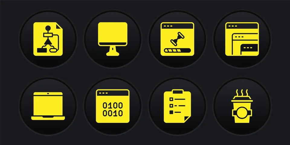 Set Laptop, Software, Binary code, Clipboard with checklist, Loading data win Stock Illustration