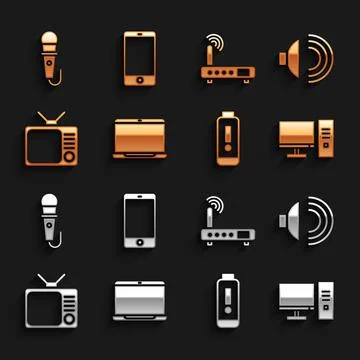 Set Laptop, Speaker volume, Computer monitor, Battery charge level indicator Illustrazione stock