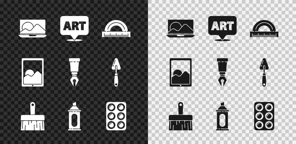 Set Laptop, Speech bubble with text art, Protractor, Paint brush, Marker pen Stock Illustration