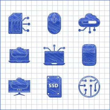 Set Laptop, SSD card, Processor, Voice assistant, Computer monitor screen, Cloud 스톡 일러스트